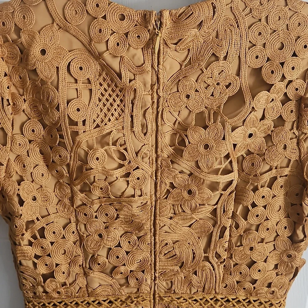 Adelyn Rae Lace V-neck Short Sleeve Sheath Mini Dress: Color- Mustard - Picture 8 of 11